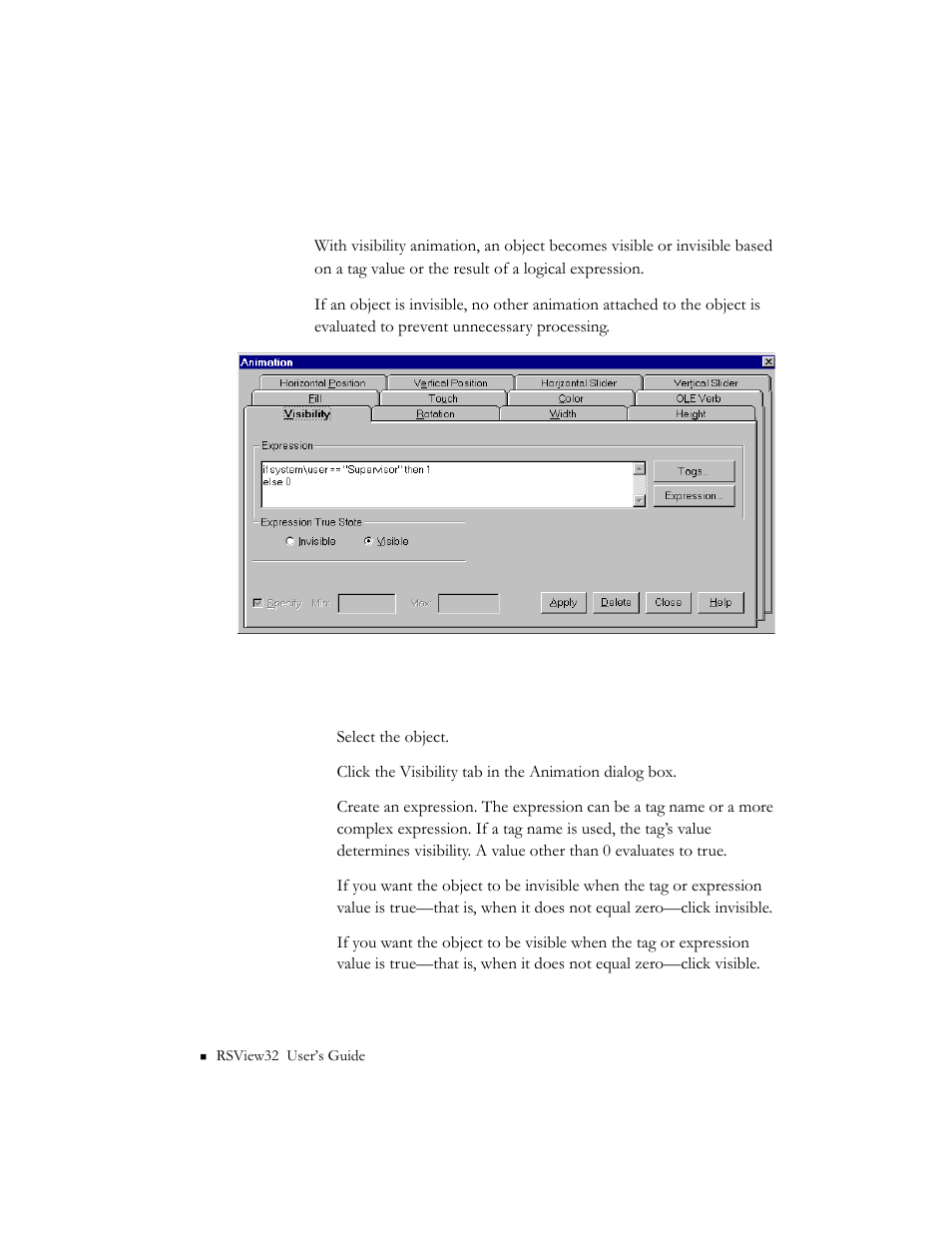 Configuring visibility animation | Rockwell Automation 9301 Series RSView32 Users Guide User Manual | Page 419 / 769