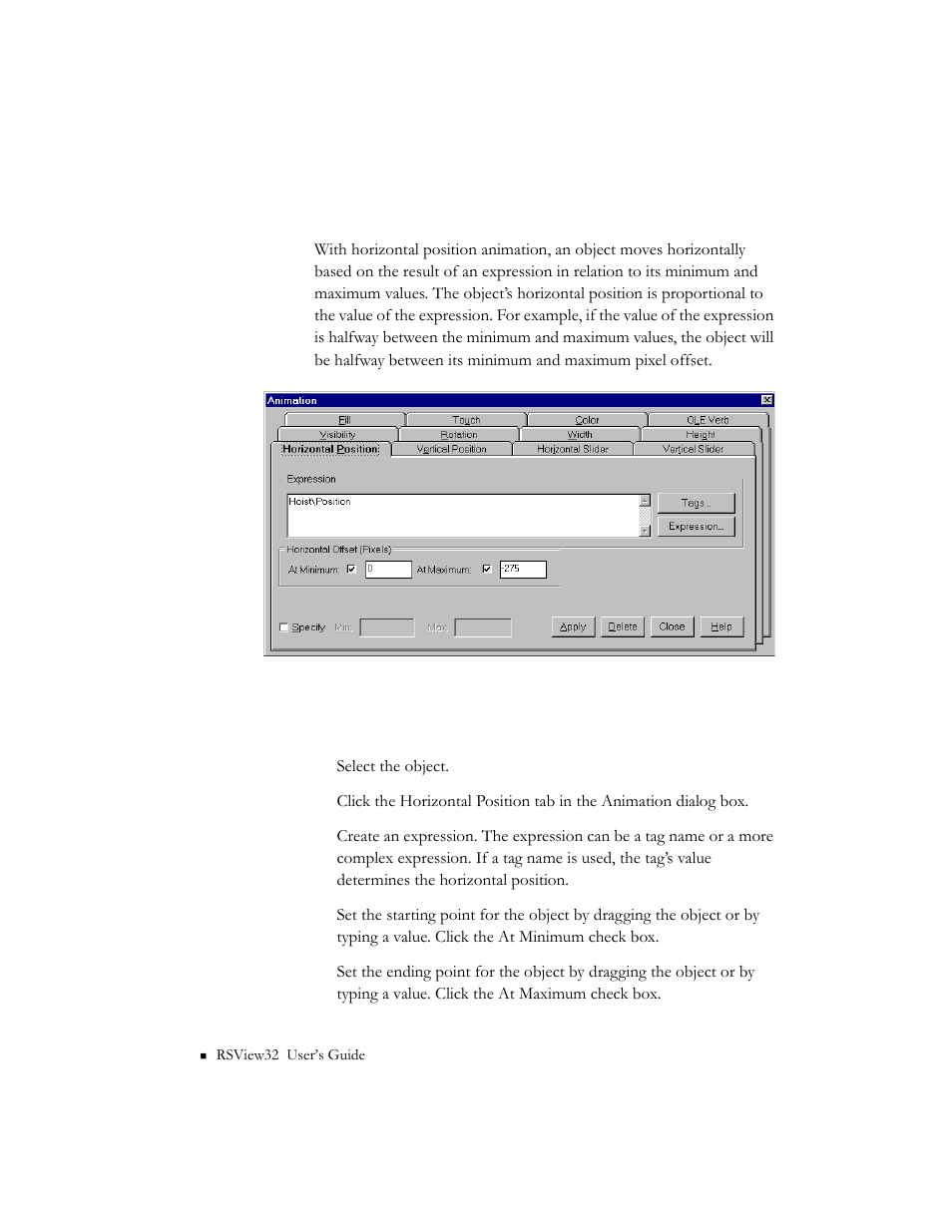 Configuring horizontal position animation | Rockwell Automation 9301 Series RSView32 Users Guide User Manual | Page 427 / 769
