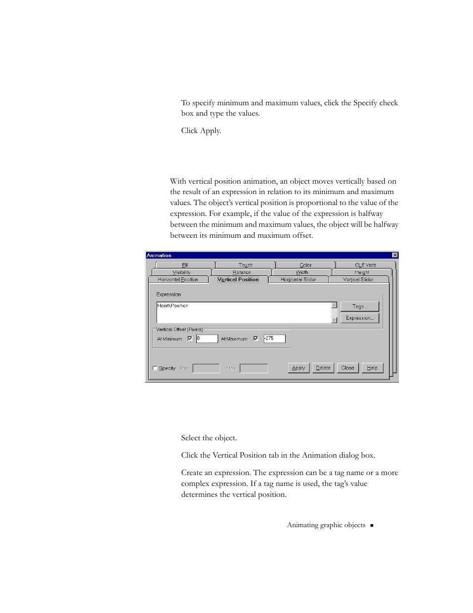 Configuring vertical position animation | Rockwell Automation 9301 Series RSView32 Users Guide User Manual | Page 428 / 769