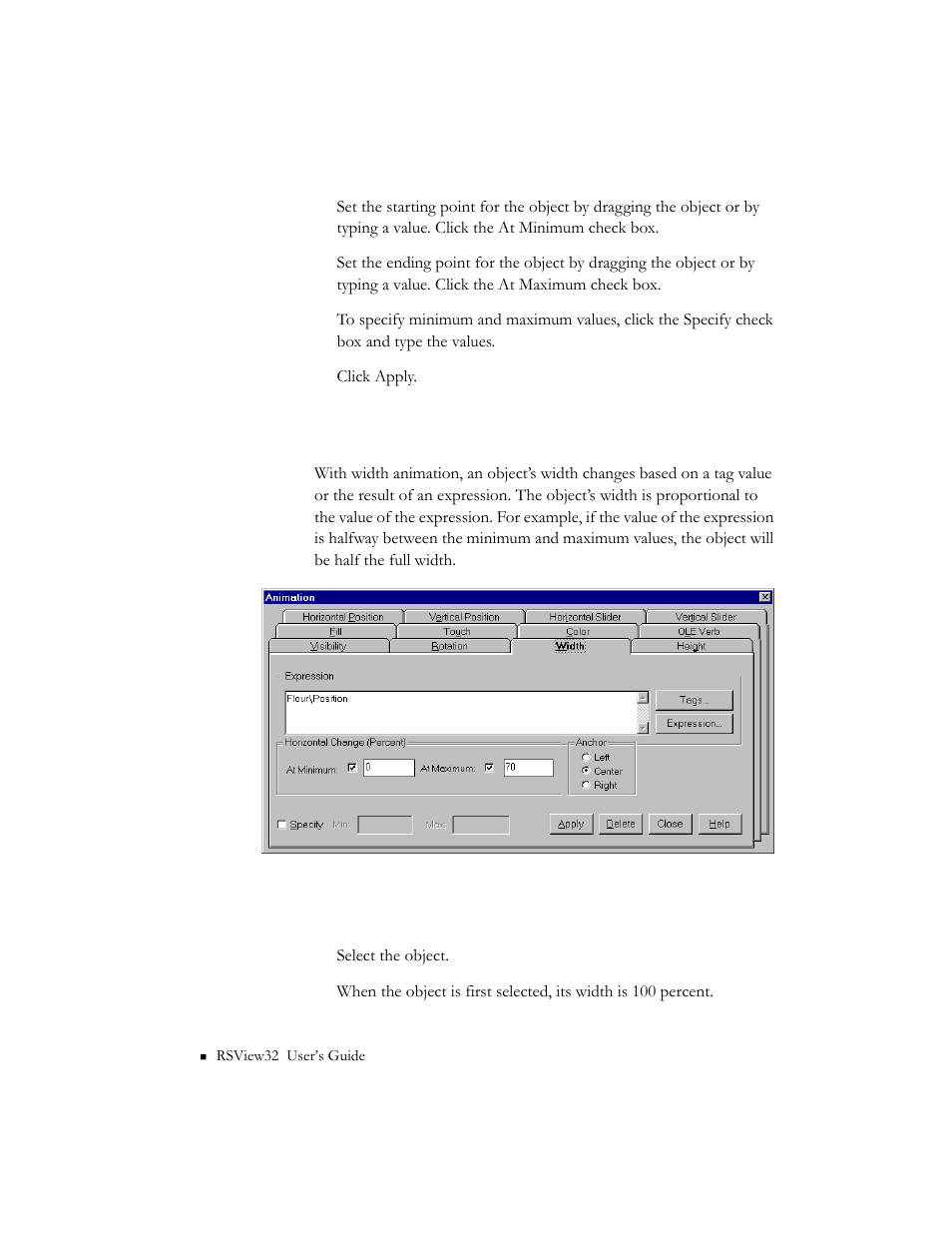 Configuring width animation | Rockwell Automation 9301 Series RSView32 Users Guide User Manual | Page 429 / 769