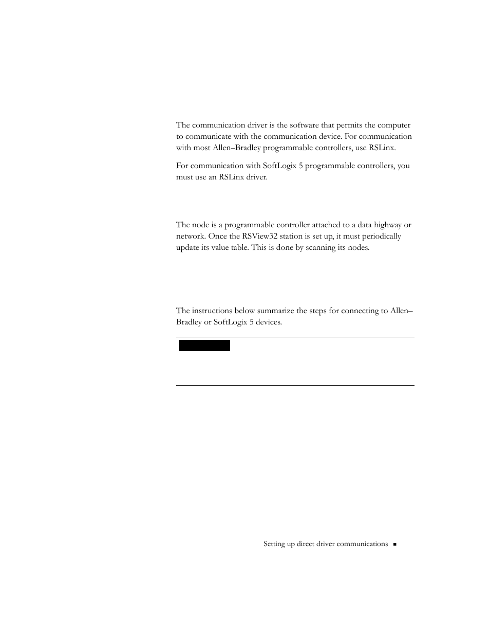 Communication driver, Node (control device), Communication driver -3 node (control device) -3 | Setting up direct driver communication to, Programmable controllers | Rockwell Automation 9301 Series RSView32 Users Guide User Manual | Page 43 / 769