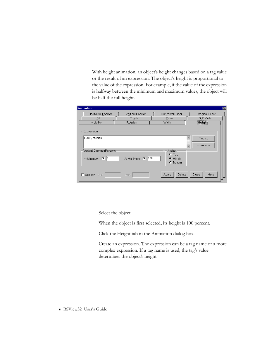 Configuring height animation | Rockwell Automation 9301 Series RSView32 Users Guide User Manual | Page 431 / 769