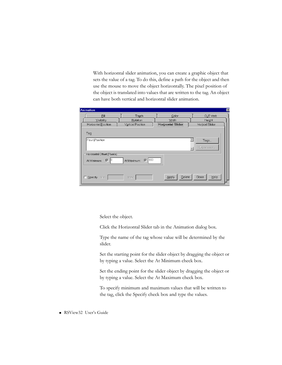 Configuring horizontal slider animation | Rockwell Automation 9301 Series RSView32 Users Guide User Manual | Page 437 / 769