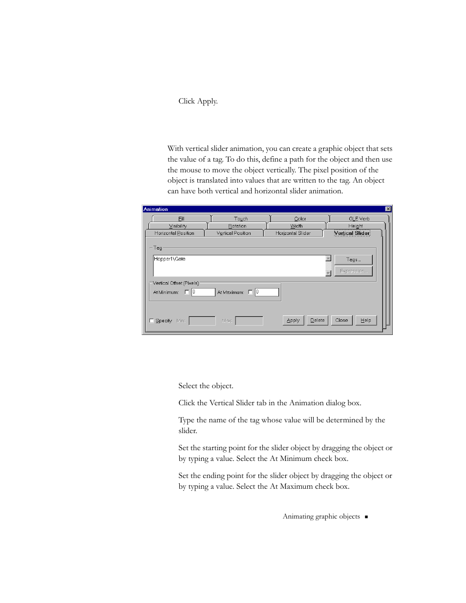 Configuring vertical slider animation | Rockwell Automation 9301 Series RSView32 Users Guide User Manual | Page 438 / 769