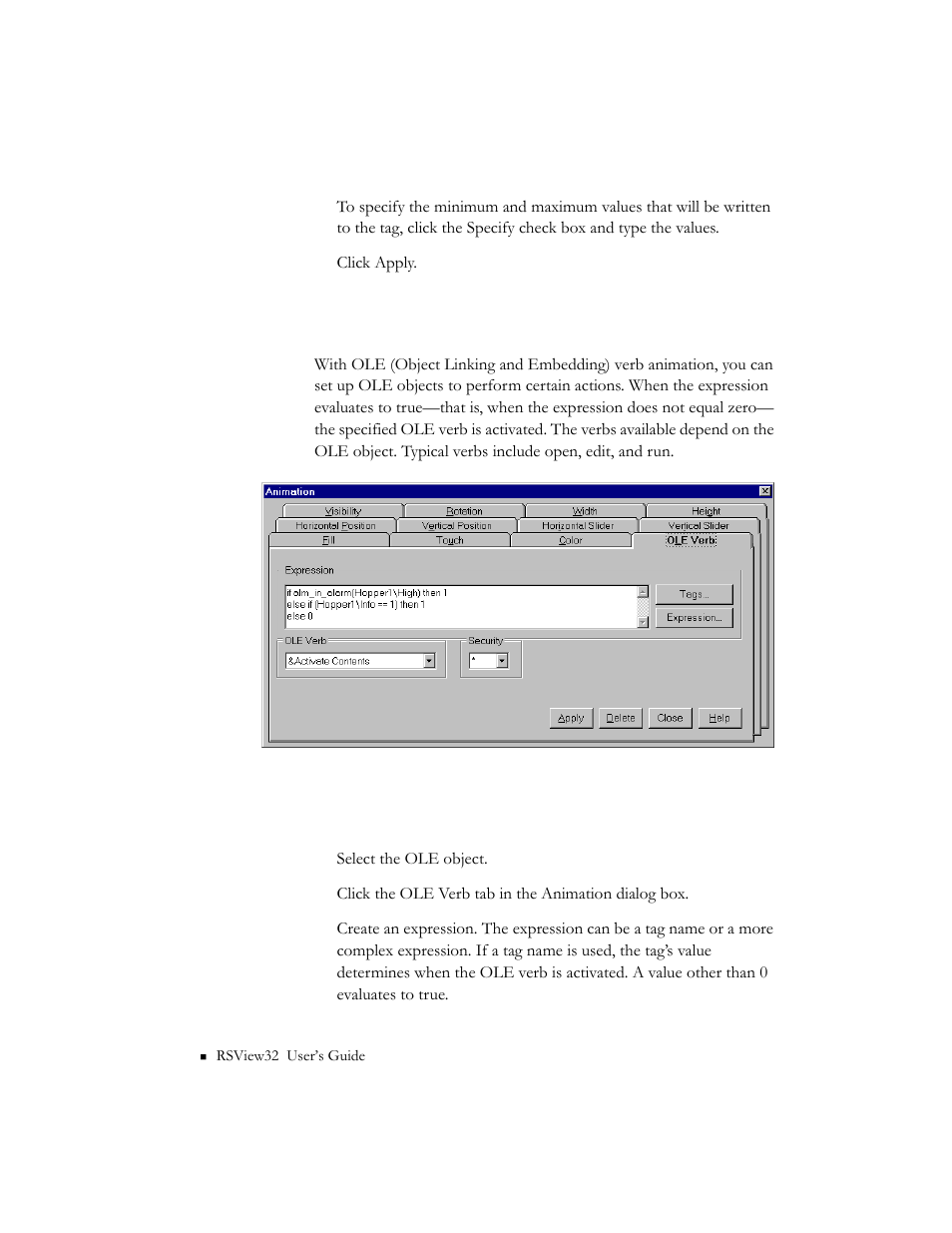 Configuring ole verb animation | Rockwell Automation 9301 Series RSView32 Users Guide User Manual | Page 439 / 769