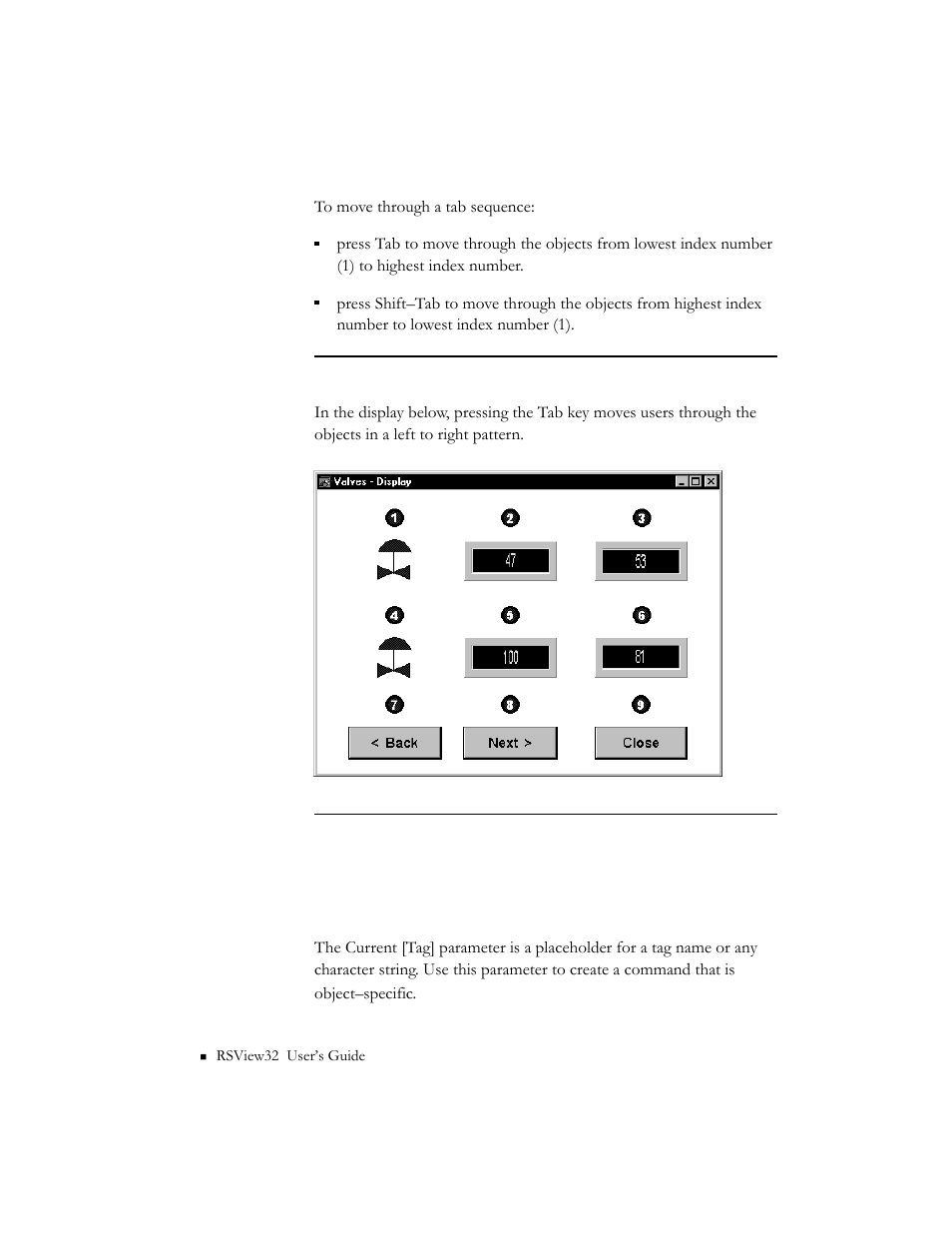 Using the current [tag] parameter | Rockwell Automation 9301 Series RSView32 Users Guide User Manual | Page 455 / 769