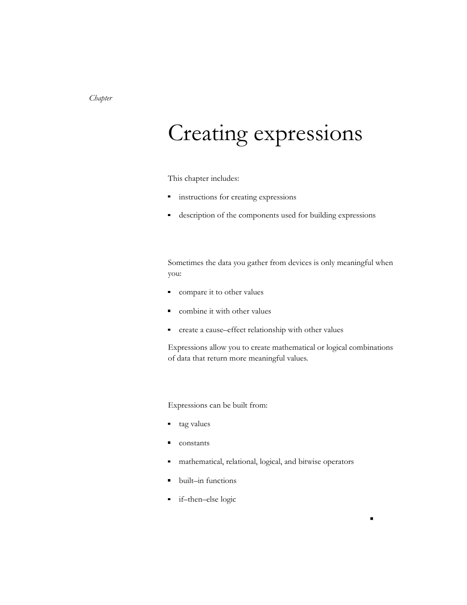 Creating expressions, About expressions, Expression components | Chapter 14, Expression components -1 | Rockwell Automation 9301 Series RSView32 Users Guide User Manual | Page 514 / 769