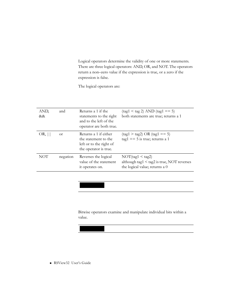 Logical operators, Bitwise operators | Rockwell Automation 9301 Series RSView32 Users Guide User Manual | Page 525 / 769