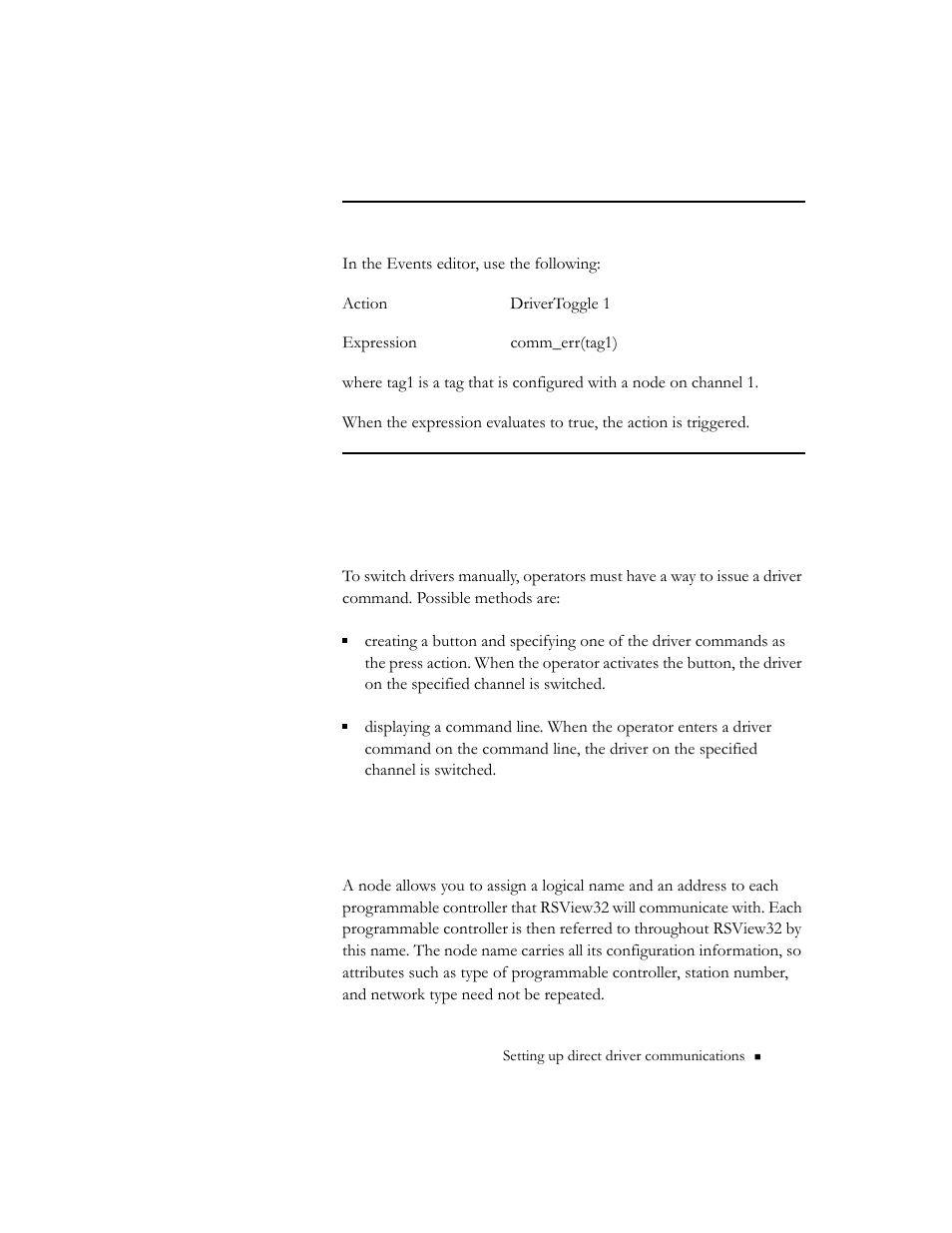 Switching drivers manually, Creating a node, Switching drivers manually -13 | Rockwell Automation 9301 Series RSView32 Users Guide User Manual | Page 53 / 769