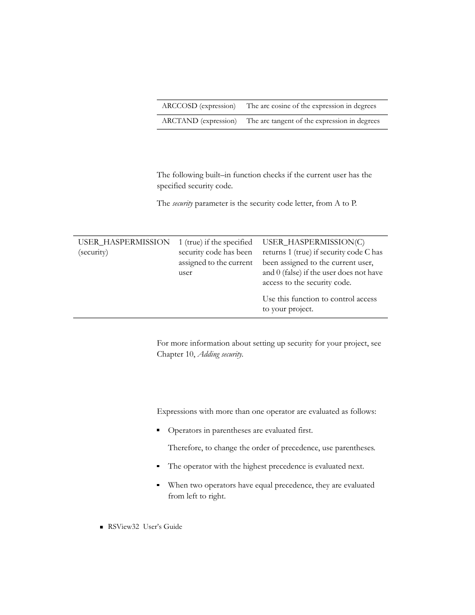 Security function, Evaluation order of operators, Security function -22 | Rockwell Automation 9301 Series RSView32 Users Guide User Manual | Page 535 / 769