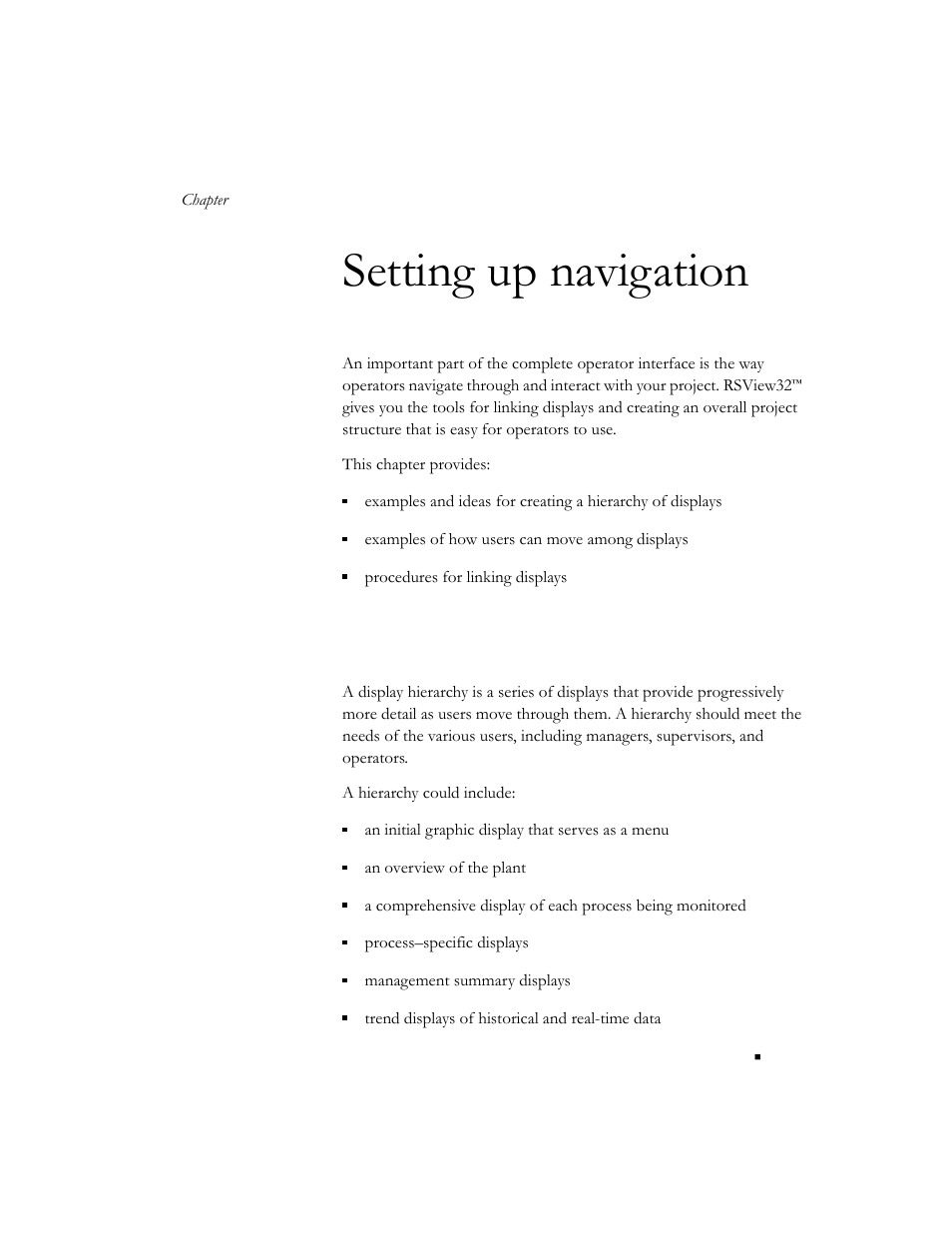 Setting up navigation, Developing a hierarchy of displays, Chapter 15 | See chapter 15, setting up navigation | Rockwell Automation 9301 Series RSView32 Users Guide User Manual | Page 541 / 769