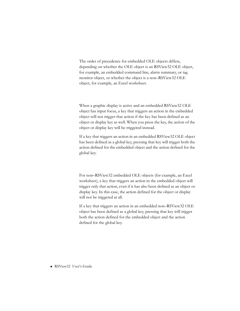 Precedence and embedded ole objects, Precedence and embedded rsview32 ole objects, Precedence and embedded non–rsview32 ole objects | Precedence and embedded ole objects -16 | Rockwell Automation 9301 Series RSView32 Users Guide User Manual | Page 556 / 769