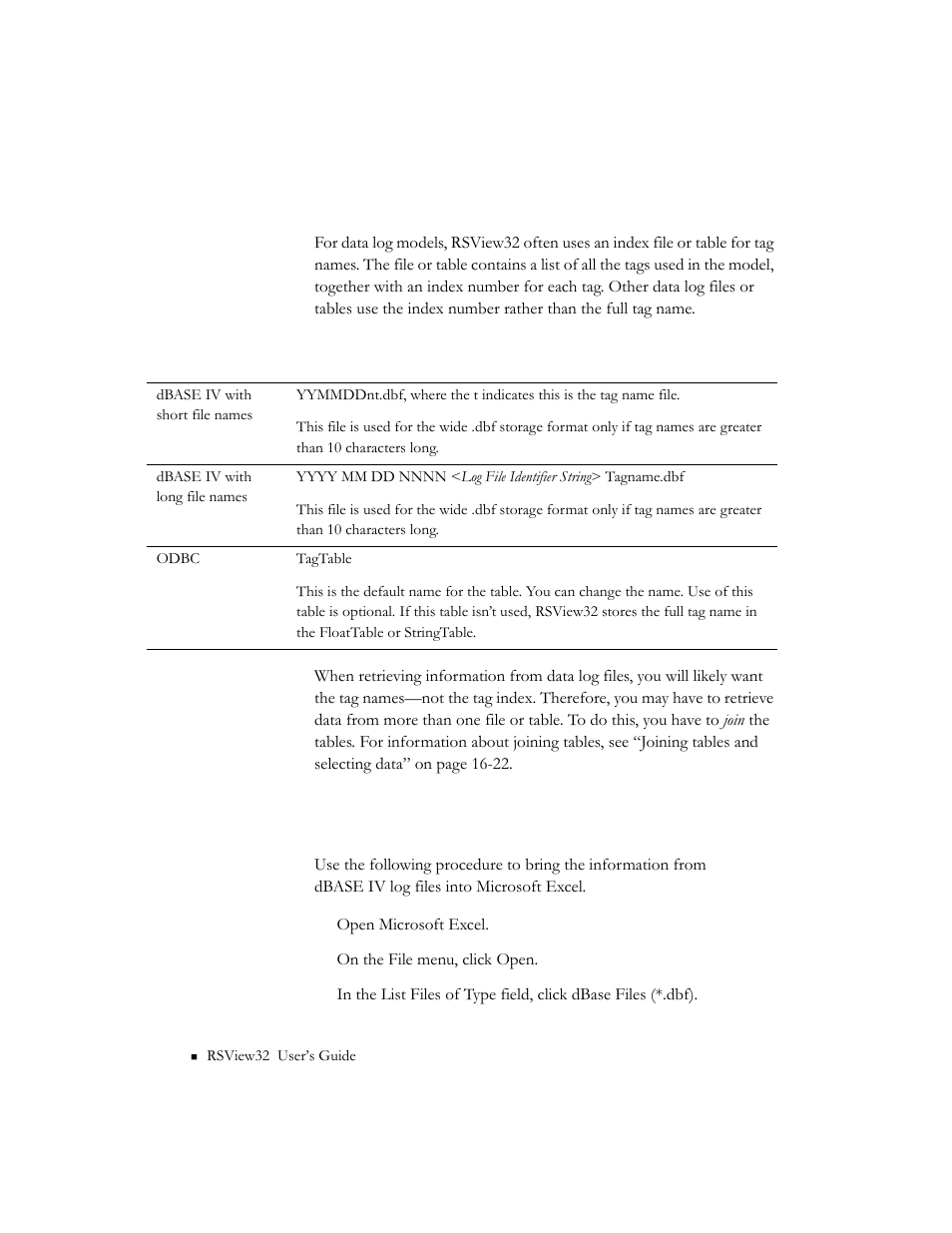 Retrieving tag names from data log files, Bringing logged dbase iv data into microsoft excel, Retrieving tag names from data log files -4 | Rockwell Automation 9301 Series RSView32 Users Guide User Manual | Page 566 / 769