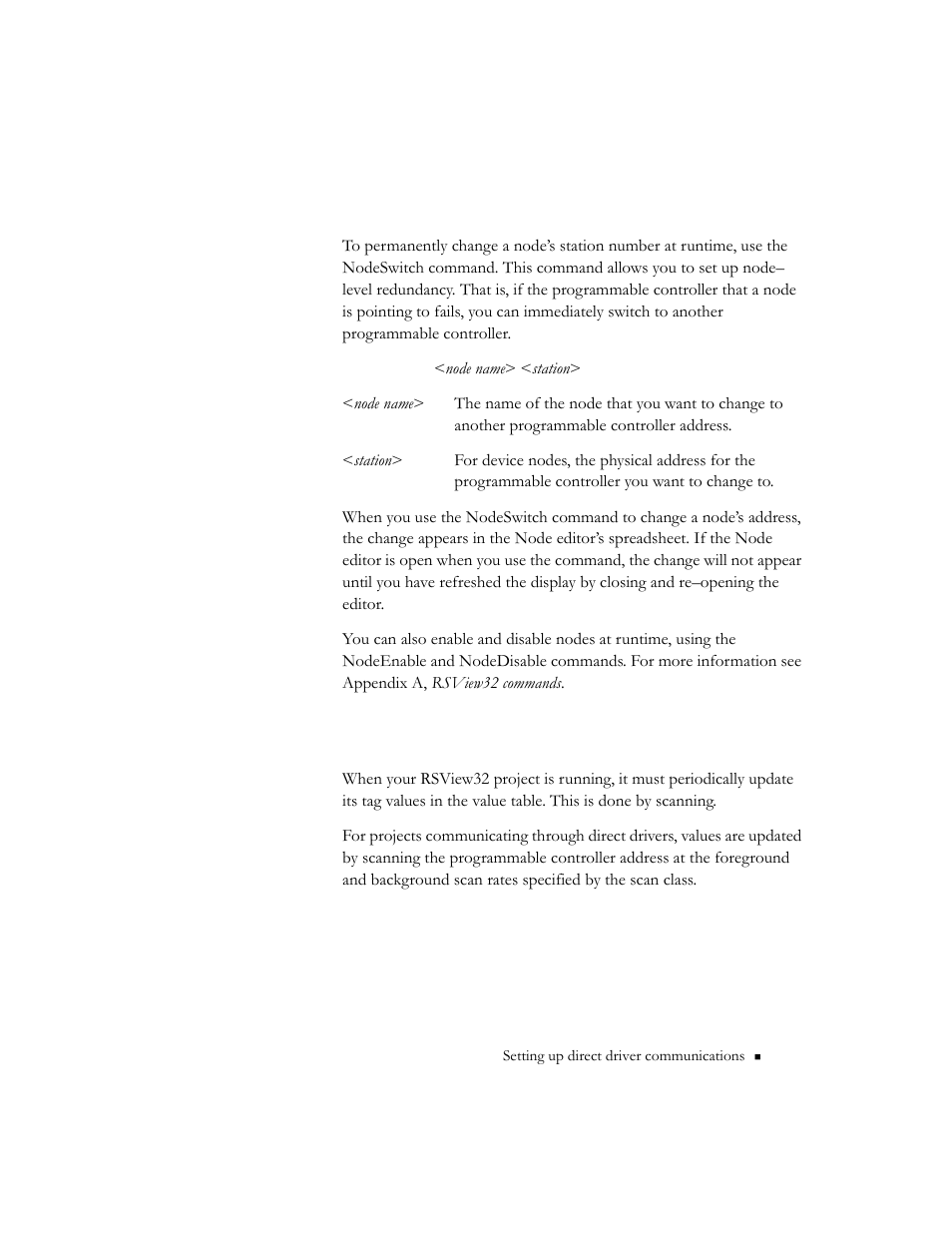 Changing node information at runtime, Scanning for new tag values | Rockwell Automation 9301 Series RSView32 Users Guide User Manual | Page 57 / 769