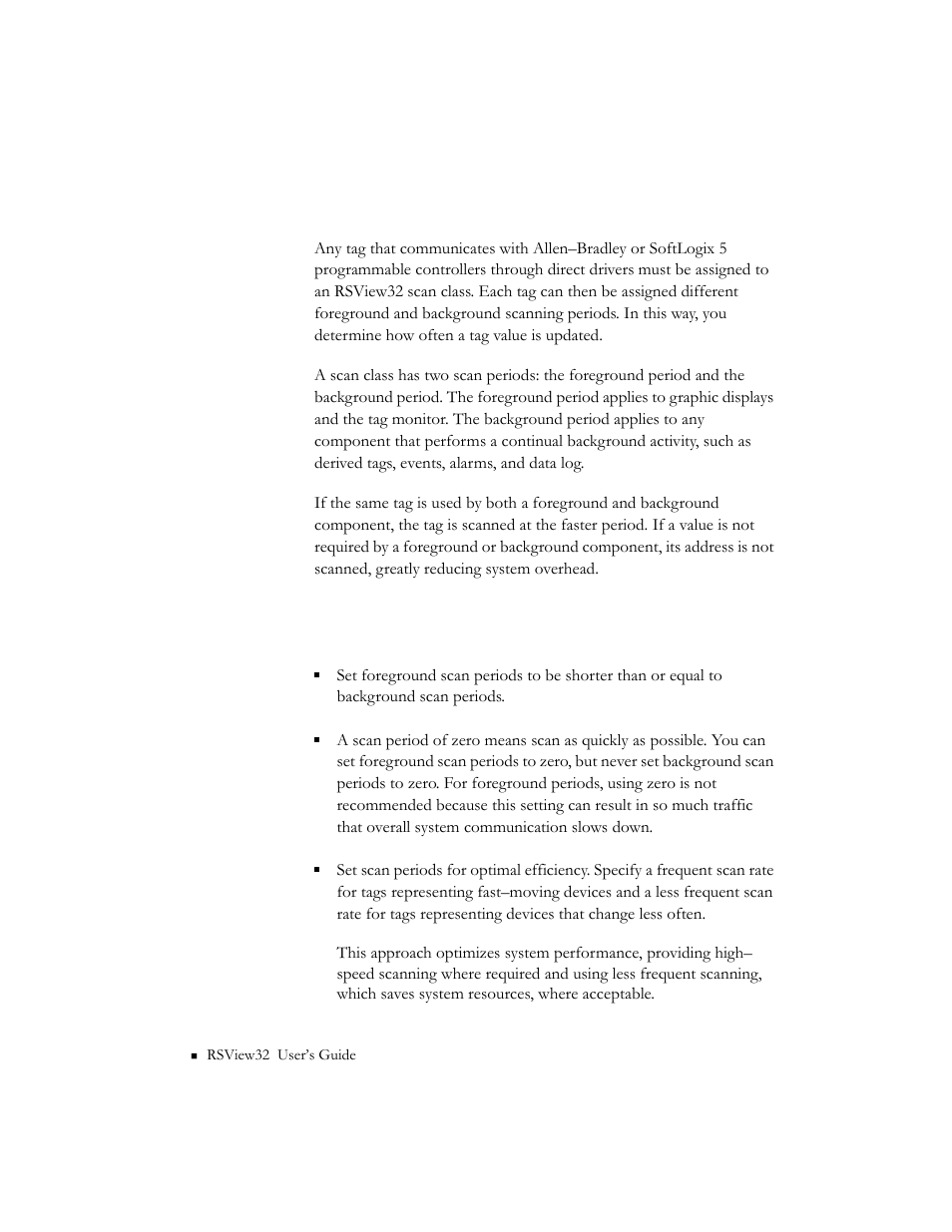 Rsview32 scan classes, Guidelines for configuring scan classes | Rockwell Automation 9301 Series RSView32 Users Guide User Manual | Page 58 / 769