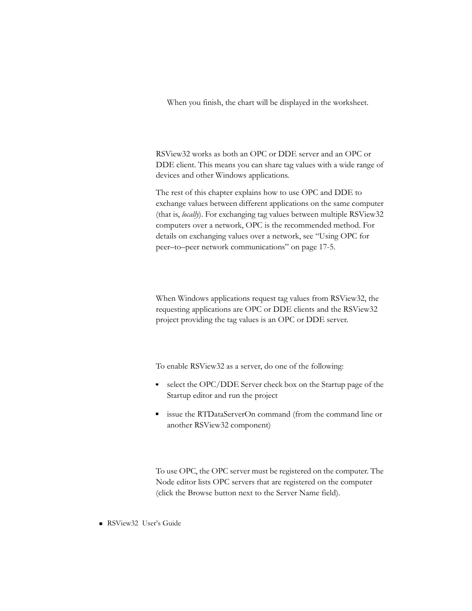 Sharing tag values locally, Providing tag values to local opc or dde clients, Enabling rsview32 as a server | Setting up a local opc client application | Rockwell Automation 9301 Series RSView32 Users Guide User Manual | Page 588 / 769