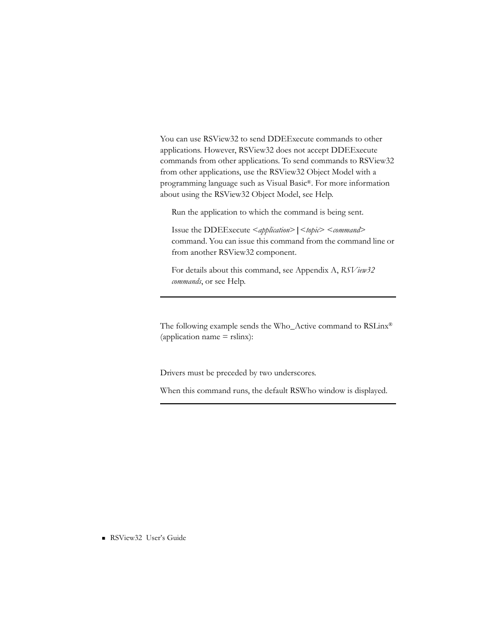 Sending ddeexecute commands to other applications | Rockwell Automation 9301 Series RSView32 Users Guide User Manual | Page 592 / 769
