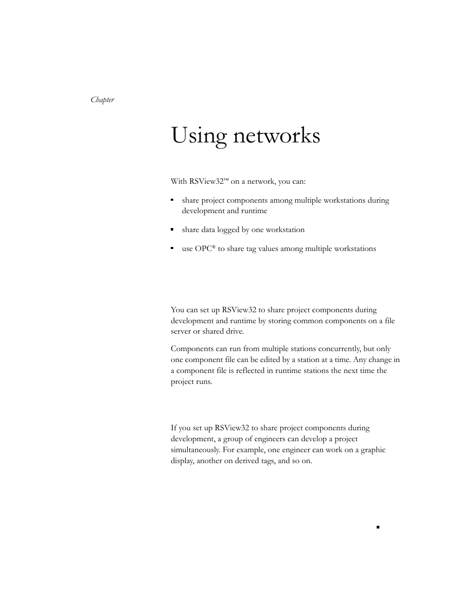 Using networks, Sharing components during development, Chapter 17 | Sharing project components during development and, Runtime, Sharing components during development -1, See chapter 17, using networks | Rockwell Automation 9301 Series RSView32 Users Guide User Manual | Page 593 / 769