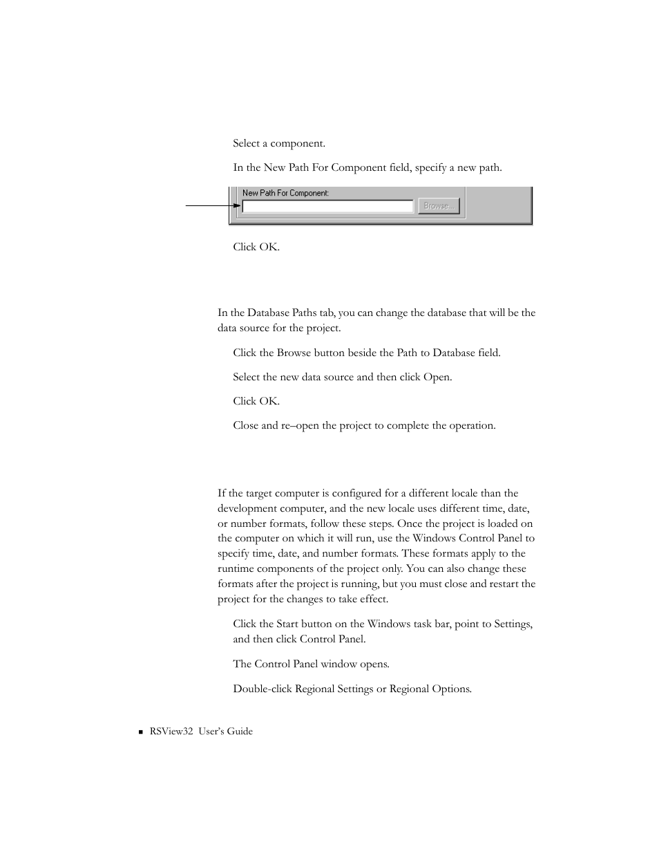 Changing the database path, Specifying time, date, and number formats, Changing the database path -12 | Rockwell Automation 9301 Series RSView32 Users Guide User Manual | Page 616 / 769