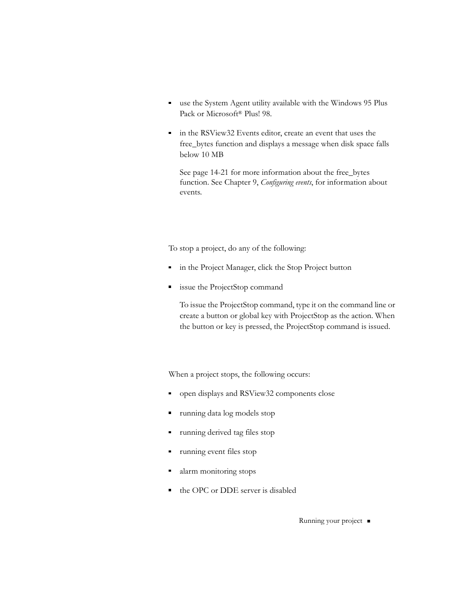 Stopping a project, When a project stops, When a project stops -15 | Rockwell Automation 9301 Series RSView32 Users Guide User Manual | Page 619 / 769