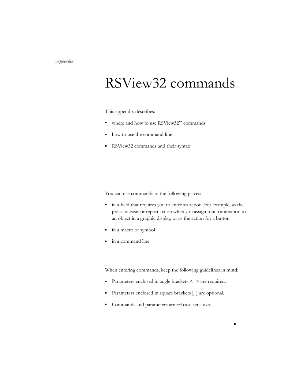 Rsview32 commands, Using rsview32 commands, Where to use commands | How to use commands, Appendix a, E appendix a, rsview32 commands, Appendix a, rsview32 commands, Appendix a, rsview32 commands , or see he, See appendix a, rsview32 commands | Rockwell Automation 9301 Series RSView32 Users Guide User Manual | Page 621 / 769