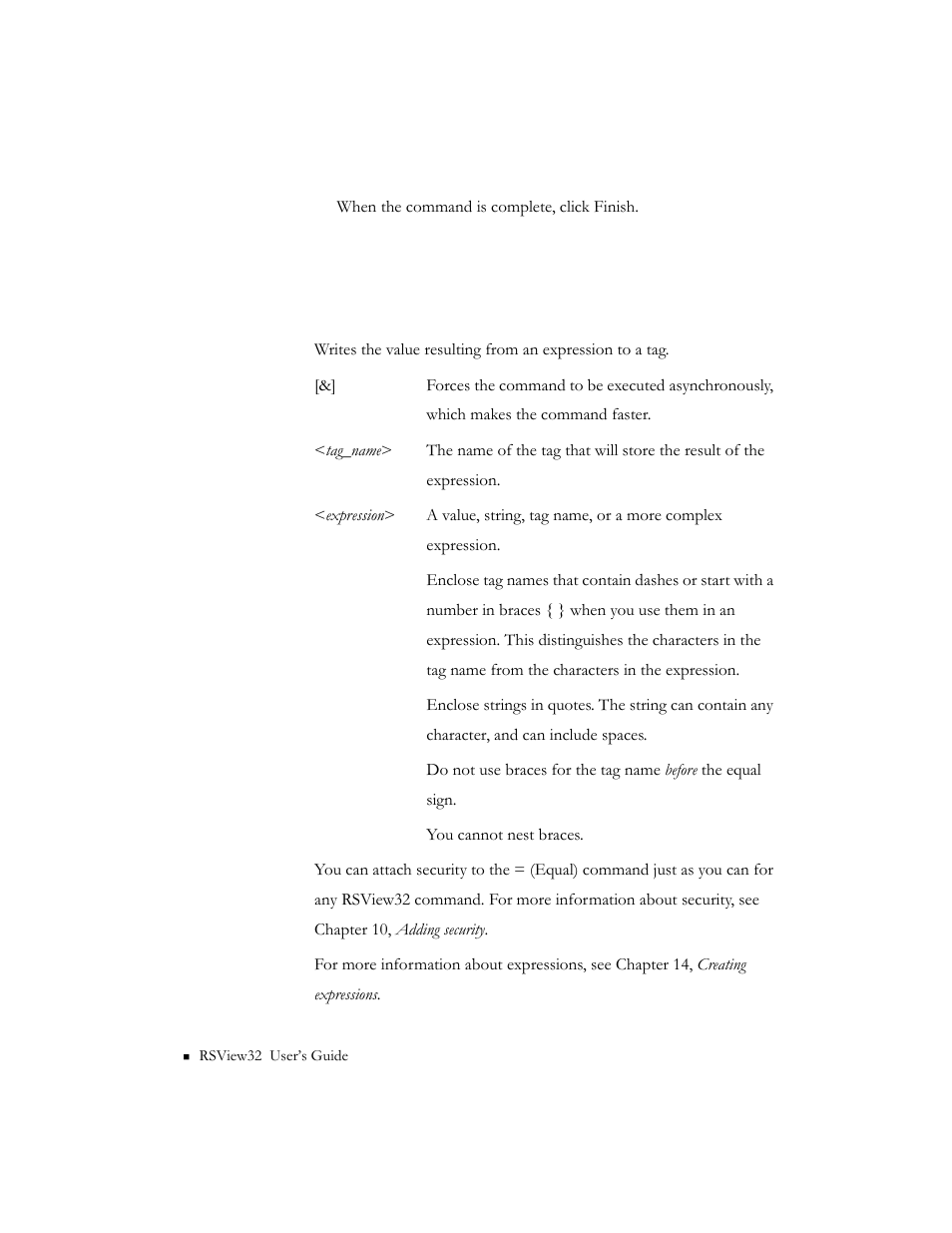 The rsview32 commands, listed alphabetically, Tag_name> = <expression | Rockwell Automation 9301 Series RSView32 Users Guide User Manual | Page 628 / 769