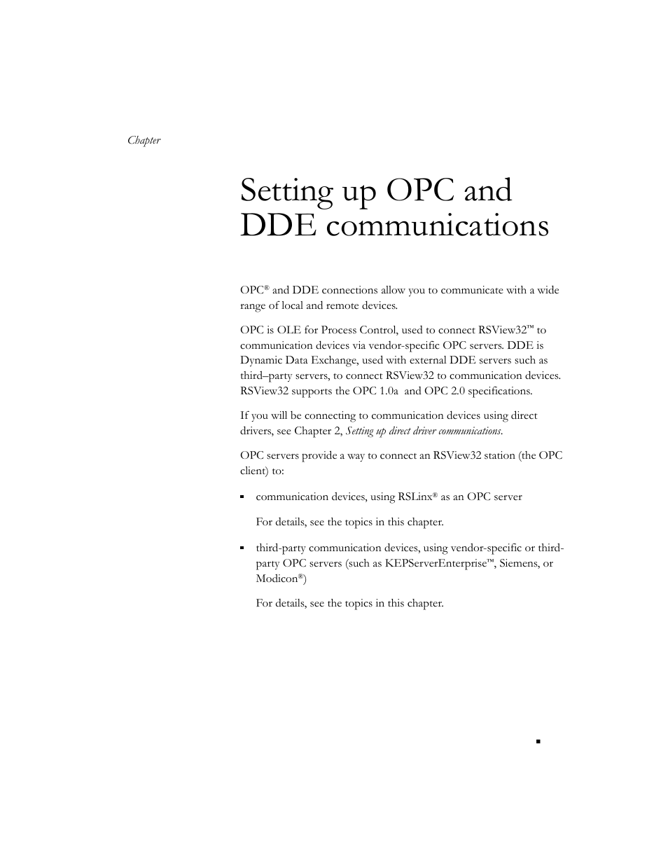 Setting up opc and dde communications, Chapter 3 | Rockwell Automation 9301 Series RSView32 Users Guide User Manual | Page 63 / 769