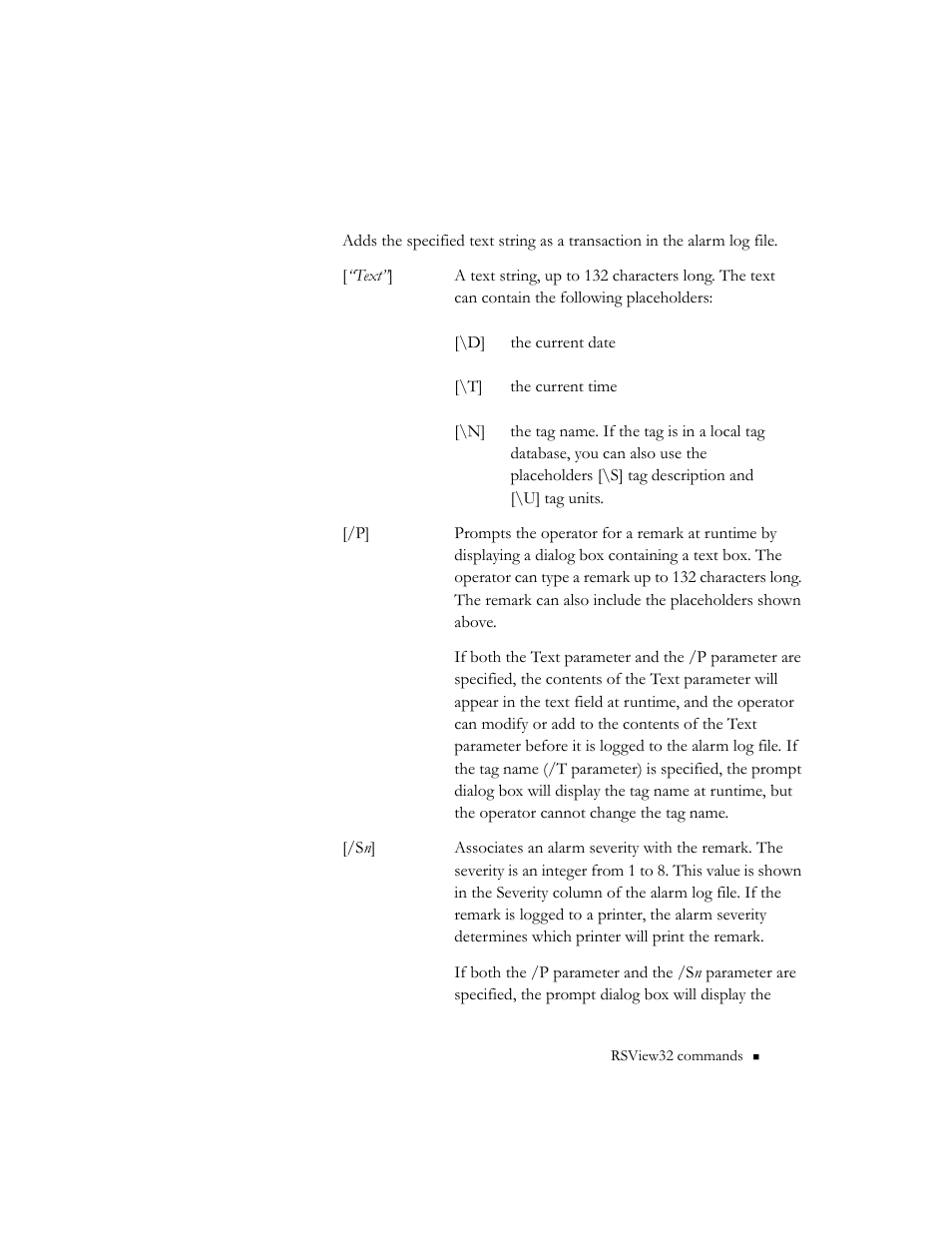 Alarmlogremark [“text”] [/p] [/sn] [/r] [/ttagname | Rockwell Automation 9301 Series RSView32 Users Guide User Manual | Page 637 / 769