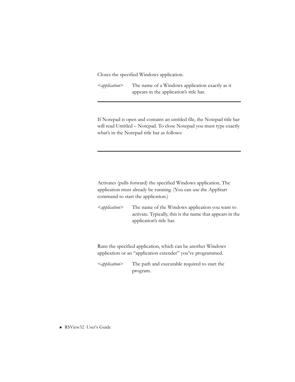 Appabort <application, Appactivate <application, Appstart <application | Rockwell Automation 9301 Series RSView32 Users Guide User Manual | Page 640 / 769