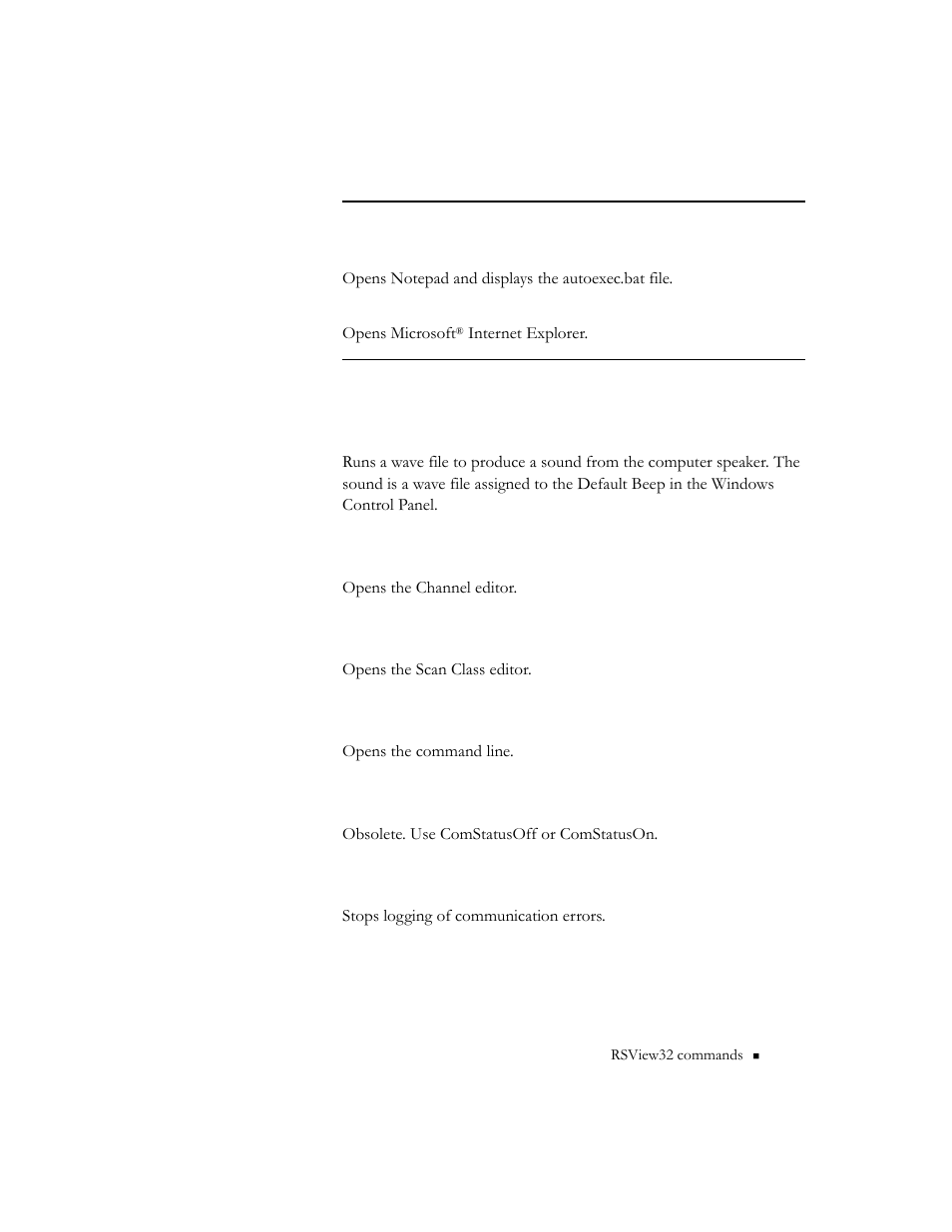 Beep, Channel, Class | Commandline, Comstatus, Comstatusoff | Rockwell Automation 9301 Series RSView32 Users Guide User Manual | Page 641 / 769