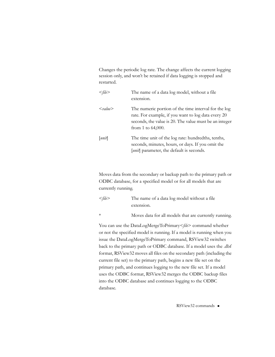 Datalogchangerate <file> <value> [unit, Datalogmergetoprimary <parameter | Rockwell Automation 9301 Series RSView32 Users Guide User Manual | Page 643 / 769