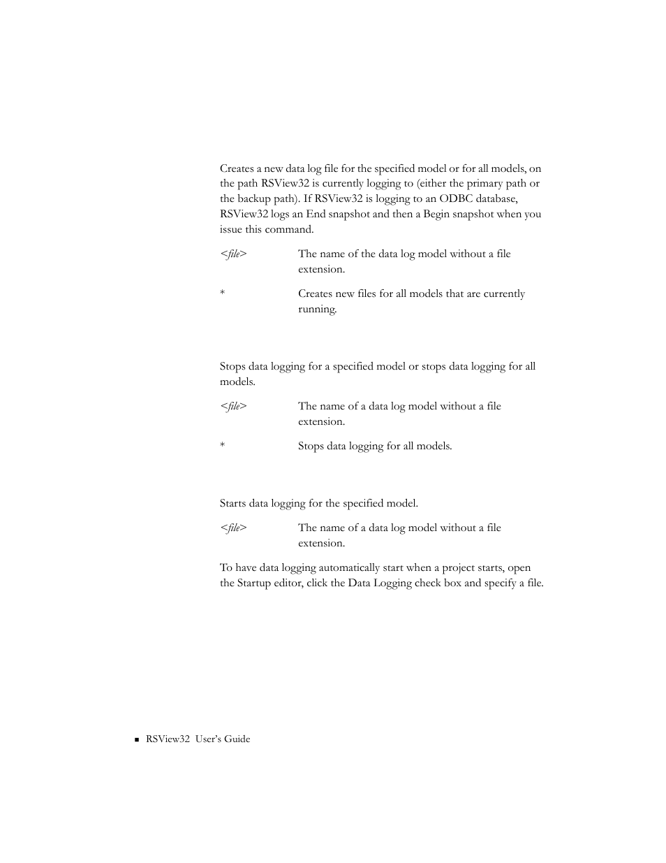 Datalognewfile <parameter, Datalogoff <parameter, Datalogon <file | Rockwell Automation 9301 Series RSView32 Users Guide User Manual | Page 644 / 769
