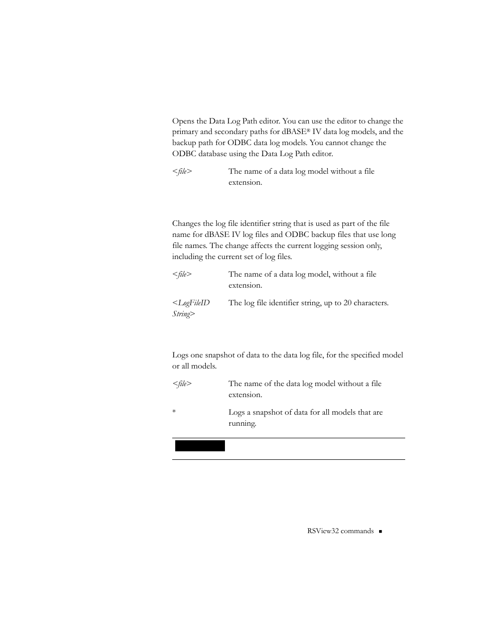 Datalogpath <file, Datalogrenamefile <file> <logfileidstring, Datalogsnapshot <parameter | Rockwell Automation 9301 Series RSView32 Users Guide User Manual | Page 645 / 769