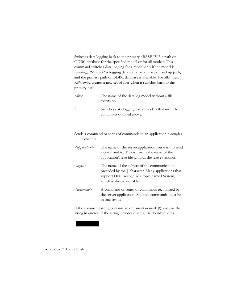 Datalogswitchback <parameter, Ddeexecute <application>|<topic> <command | Rockwell Automation 9301 Series RSView32 Users Guide User Manual | Page 646 / 769