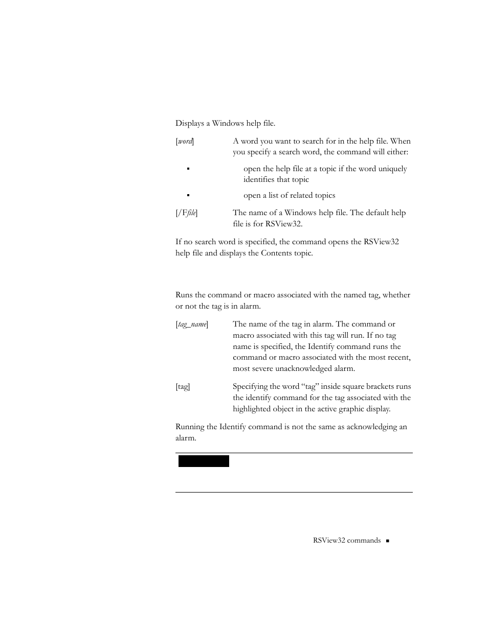 Help [word] [/ffile, Identify [tag_name | Rockwell Automation 9301 Series RSView32 Users Guide User Manual | Page 657 / 769