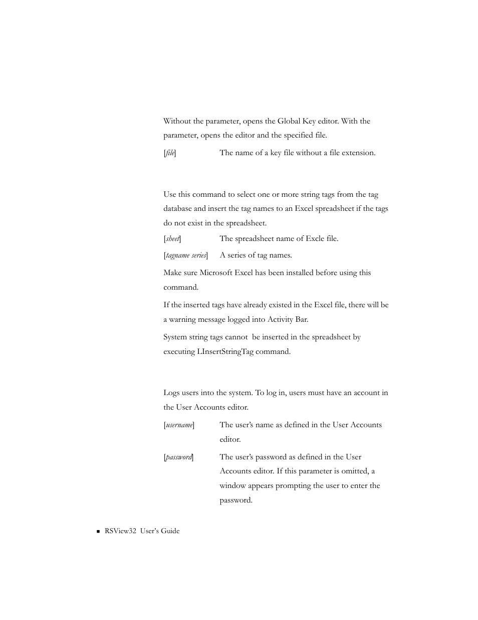 Keyedit [file, Linsertstringtag [sheet] [tagname series, Login [username] [password | Rockwell Automation 9301 Series RSView32 Users Guide User Manual | Page 660 / 769