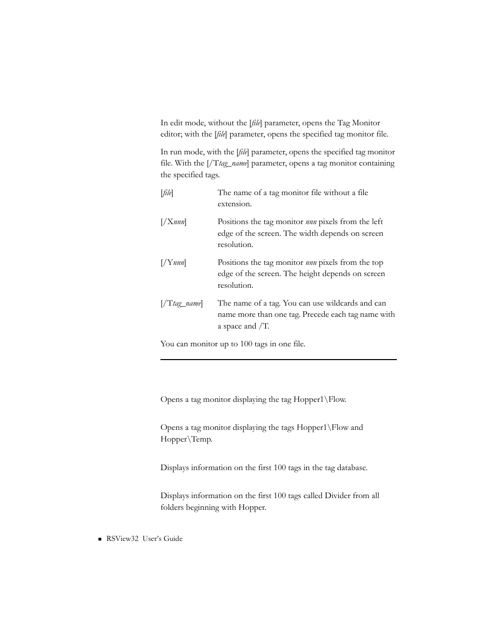 Monitor [file][/xnnn] [/ynnn][/ttag_name | Rockwell Automation 9301 Series RSView32 Users Guide User Manual | Page 662 / 769