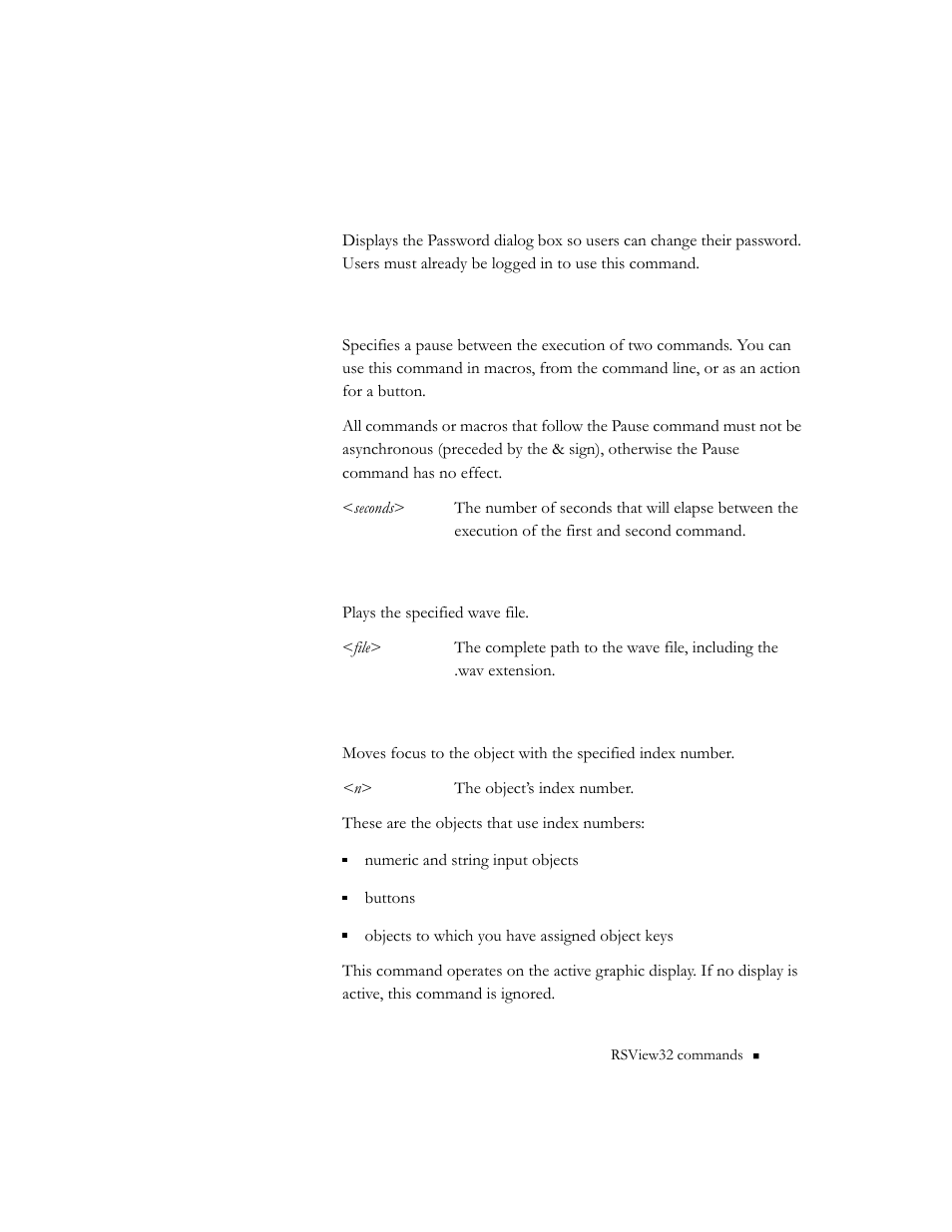 Password, Pause <seconds, Playwave <file | Position <n | Rockwell Automation 9301 Series RSView32 Users Guide User Manual | Page 665 / 769