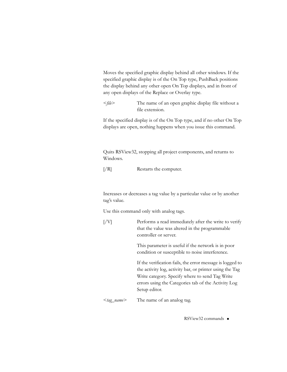 Pushback <file, Quit [/r, Ramp [/v] <tag_name> <value | Rockwell Automation 9301 Series RSView32 Users Guide User Manual | Page 669 / 769