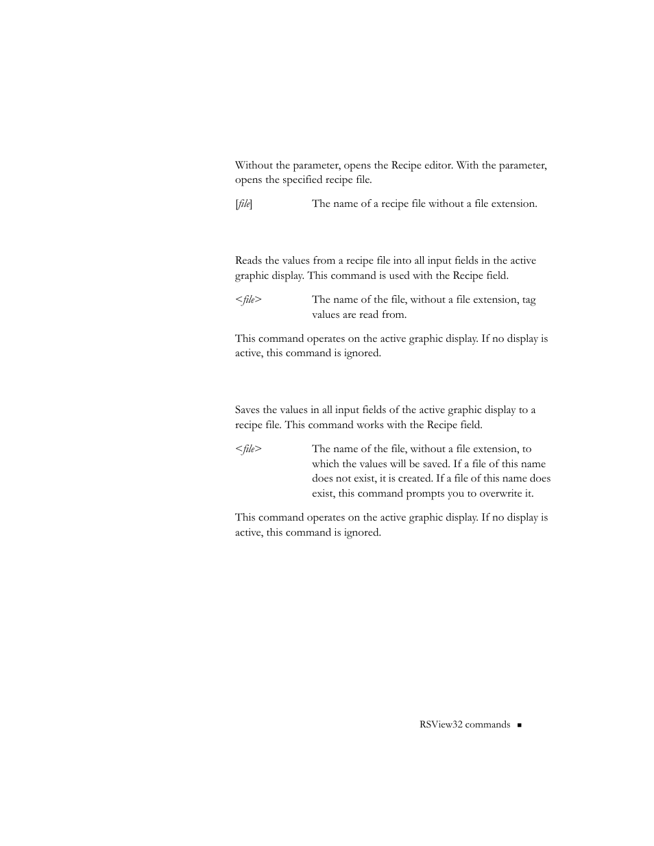 Recipeedit [file, Reciperestore <file, Recipesave <file | Rockwell Automation 9301 Series RSView32 Users Guide User Manual | Page 671 / 769