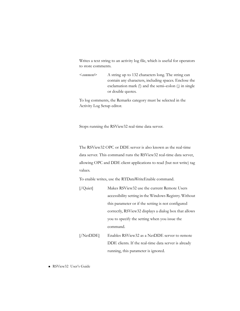 Remark <comment, Rtdataserveroff, Rtdataserveron [/quiet] [/netdde | Rockwell Automation 9301 Series RSView32 Users Guide User Manual | Page 672 / 769