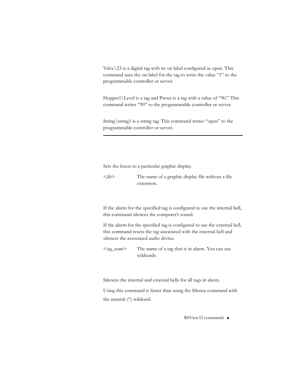 Setfocus <file, Silence <tag_name, Silenceall | Rockwell Automation 9301 Series RSView32 Users Guide User Manual | Page 677 / 769