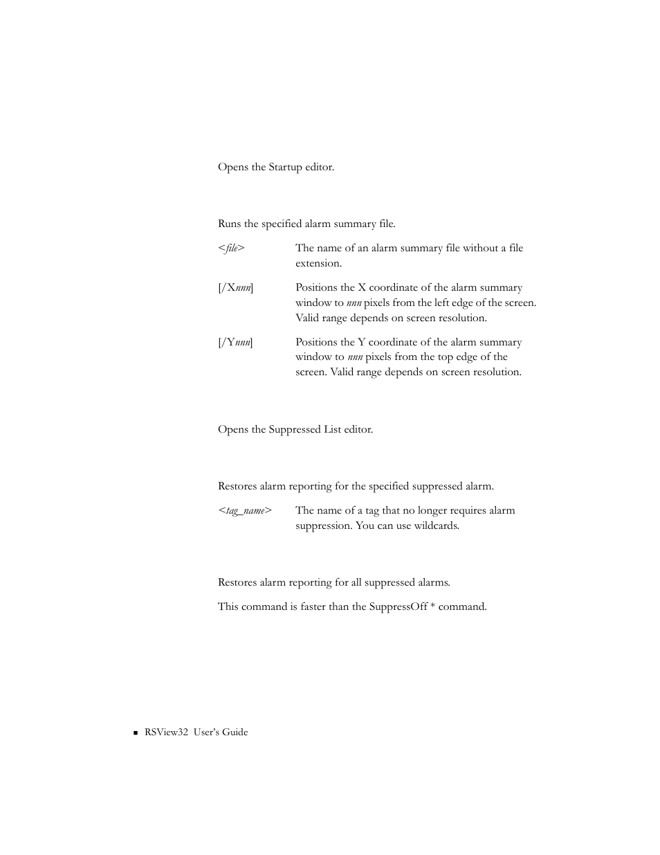 Startupconfig, Summary <file> [/xnnn] [/ynnn, Suppressed | Suppressoff <tag_name, Suppressoffall | Rockwell Automation 9301 Series RSView32 Users Guide User Manual | Page 678 / 769