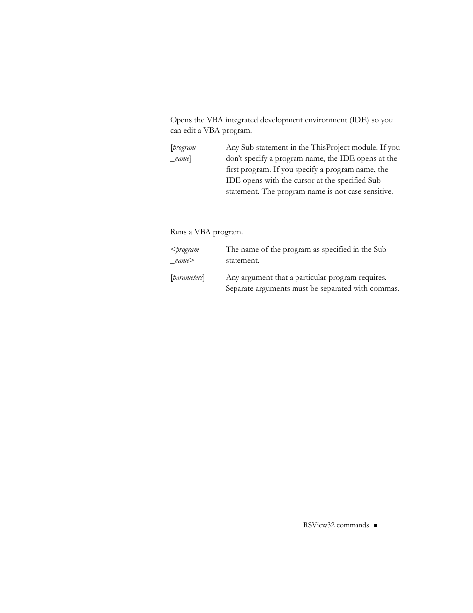 Vbaedit [program_name, Vbaexec <program_name> [parameters | Rockwell Automation 9301 Series RSView32 Users Guide User Manual | Page 681 / 769