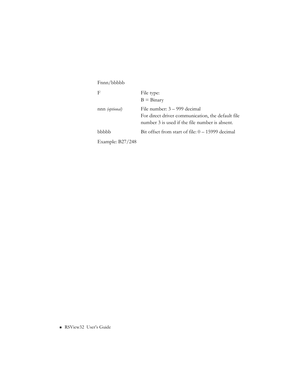 Plc–5 (enhanced) binary files: optional syntax | Rockwell Automation 9301 Series RSView32 Users Guide User Manual | Page 708 / 769