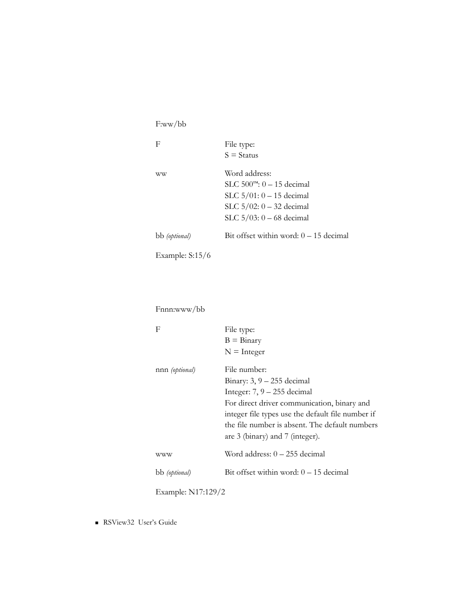 Slc 5 status files, Slc 5 binary and integer files | Rockwell Automation 9301 Series RSView32 Users Guide User Manual | Page 712 / 769