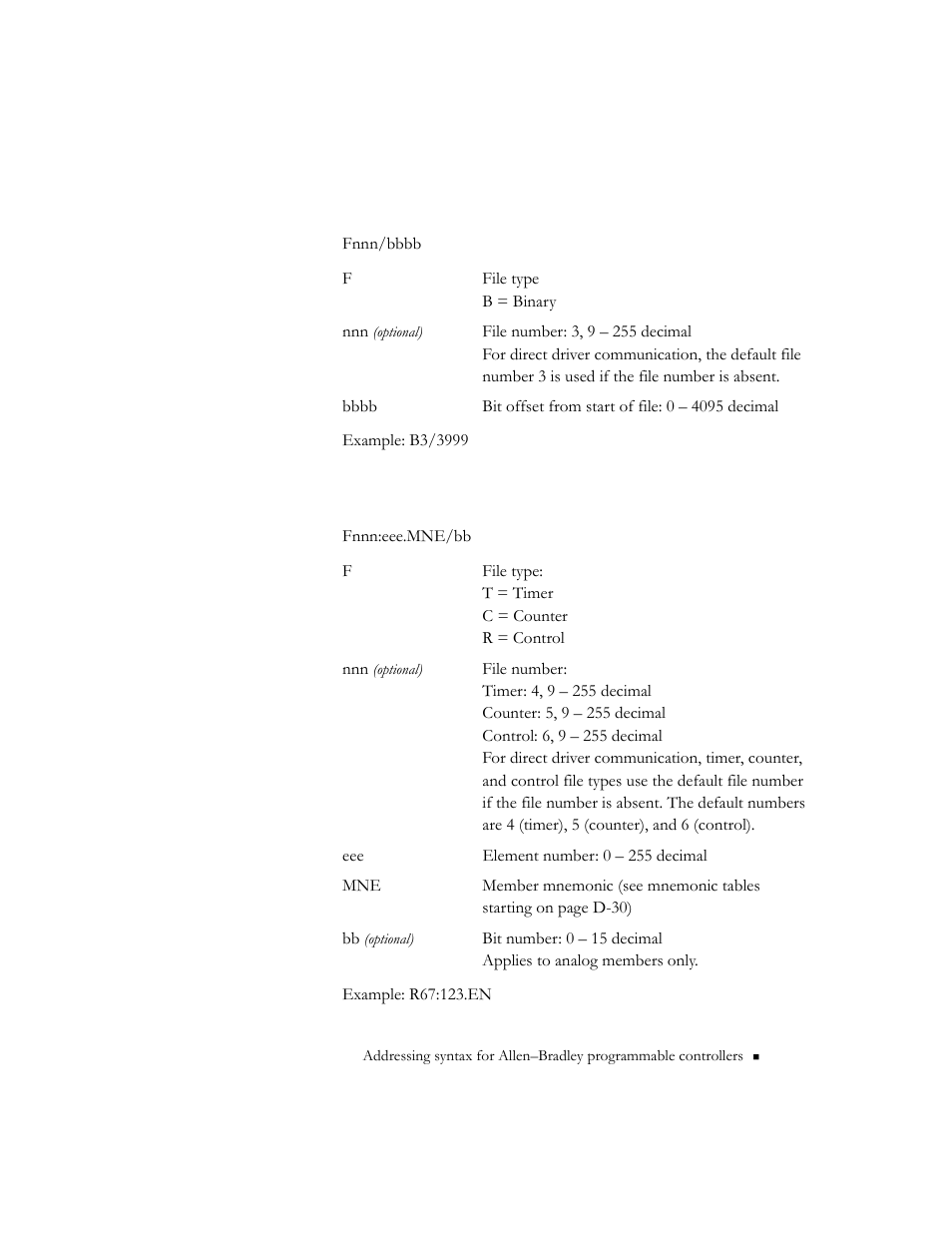 Slc 5 binary files: optional syntax, Slc 5 timer, counter, and control files | Rockwell Automation 9301 Series RSView32 Users Guide User Manual | Page 713 / 769