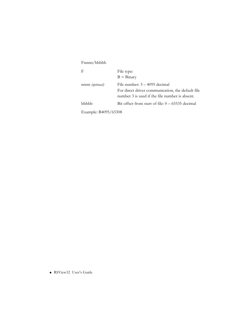 Softlogix 5 binary files: optional syntax | Rockwell Automation 9301 Series RSView32 Users Guide User Manual | Page 726 / 769