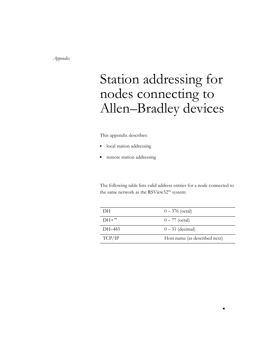 Local station addressing, Appendix e, Vices | Rockwell Automation 9301 Series RSView32 Users Guide User Manual | Page 735 / 769