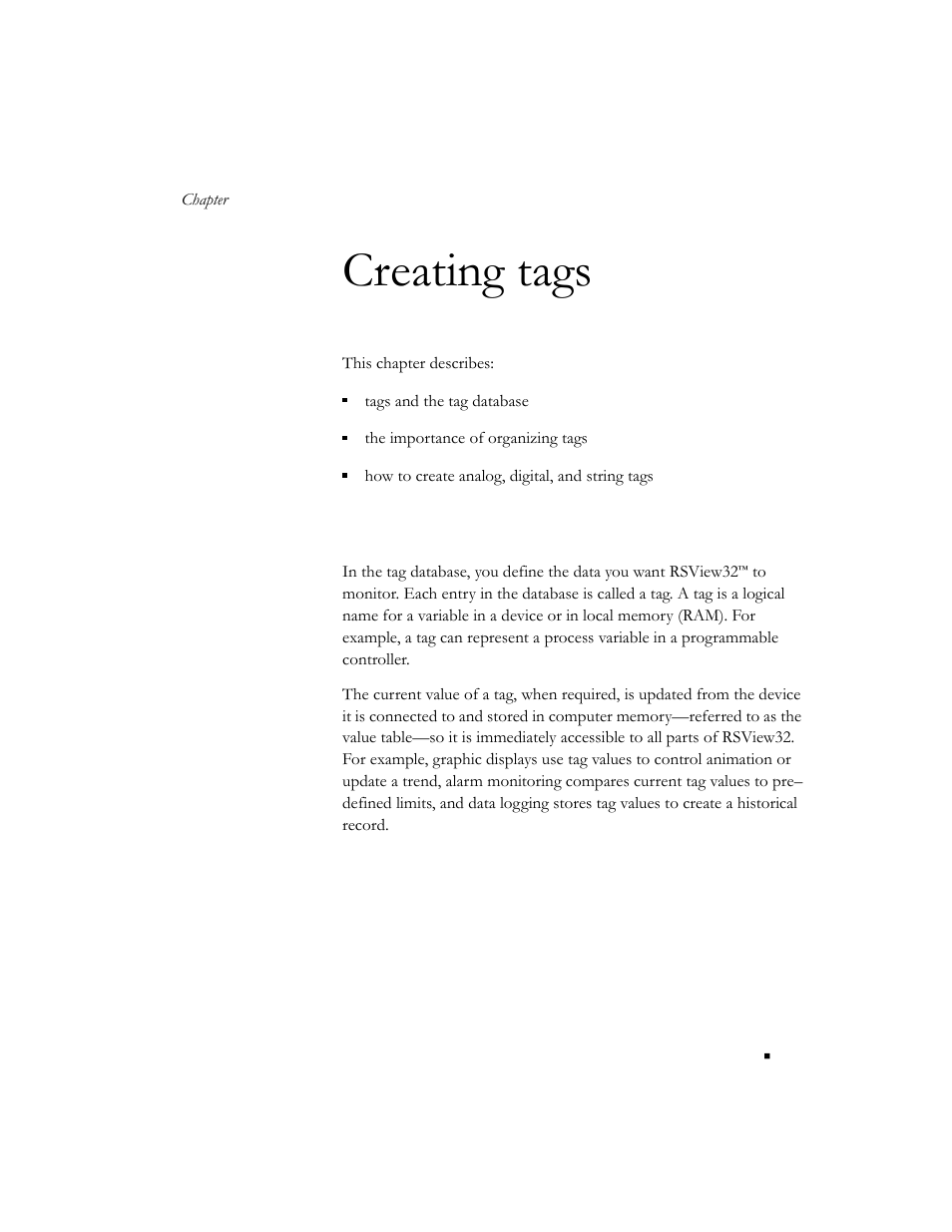 Creating tags, Tags and the tag database, Chapter 4 | See chapter 4, creating tags | Rockwell Automation 9301 Series RSView32 Users Guide User Manual | Page 81 / 769